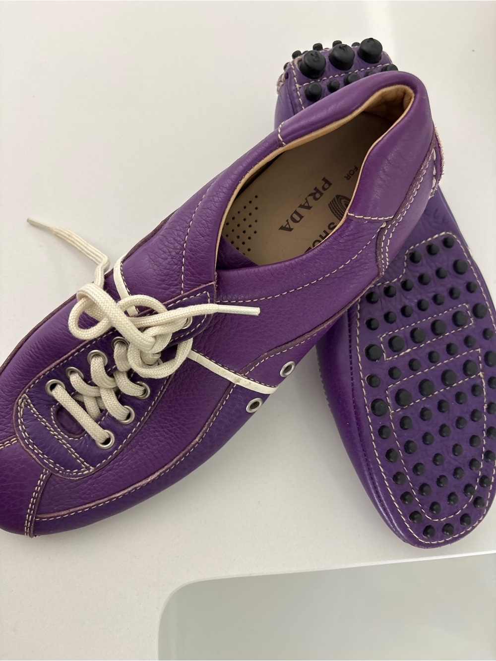 Prada Purple Leather Driving Moccasins with White Laces - Women